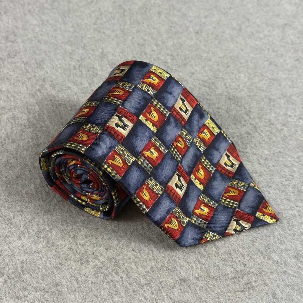 Vintage Dunhill Silk Necktie Navy Red Llama Bird Patchwork Italy 56x3.6"